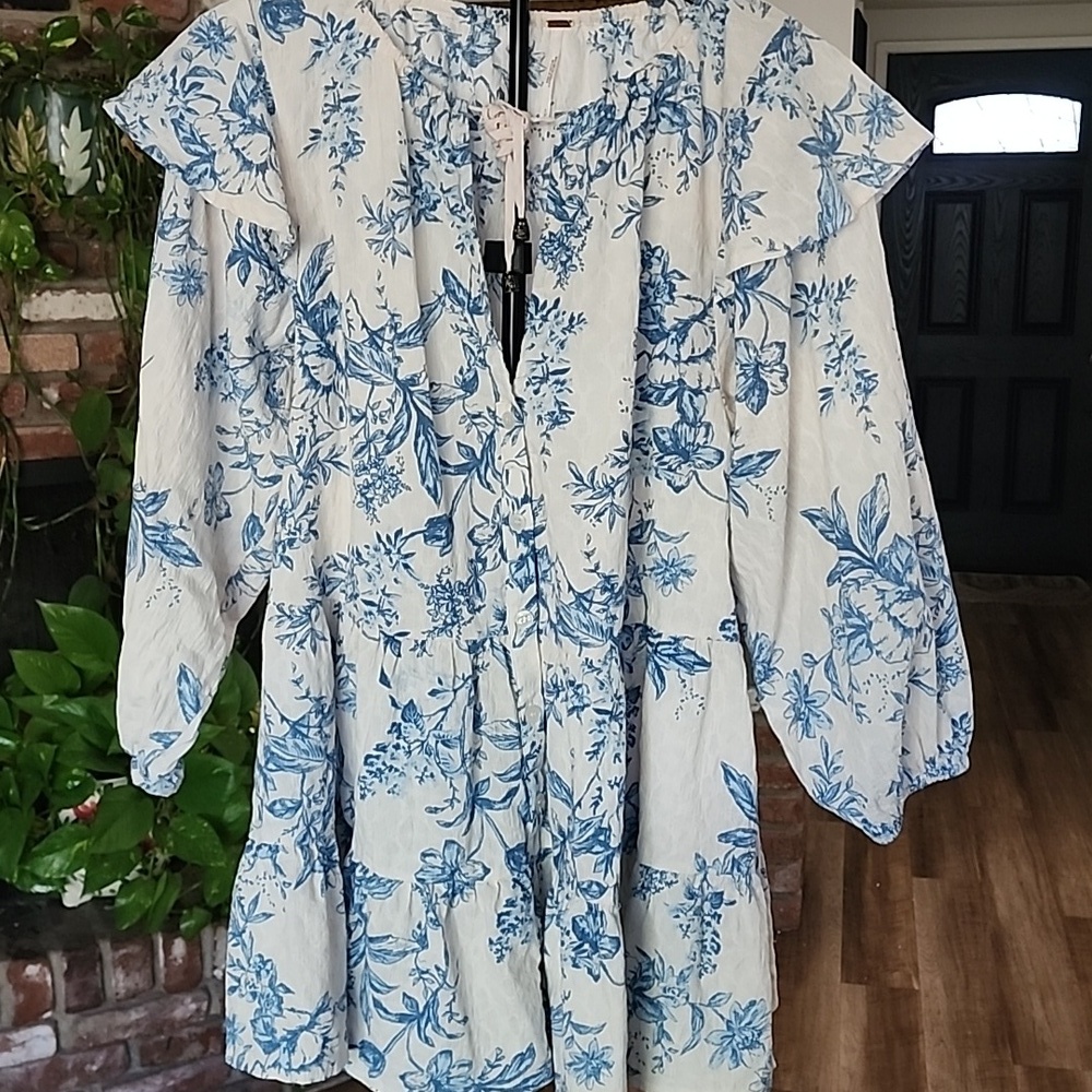 Free People Blue Floral Long Sleeve Boho Mini Dress Size Small - Picture 2 of 13